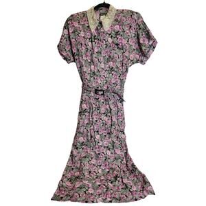 Vintage Jamie Floral Dress Midi Pleated Belt Zipper Shoulder Pads Lace Womens 9